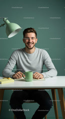 Smiling Young Man at a Modern Desk with Green Accents