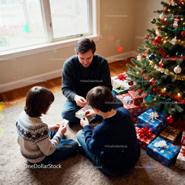Family enjoying Christmas morning by decorated tree