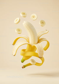 Peeled banana with floating banana slices on beige background