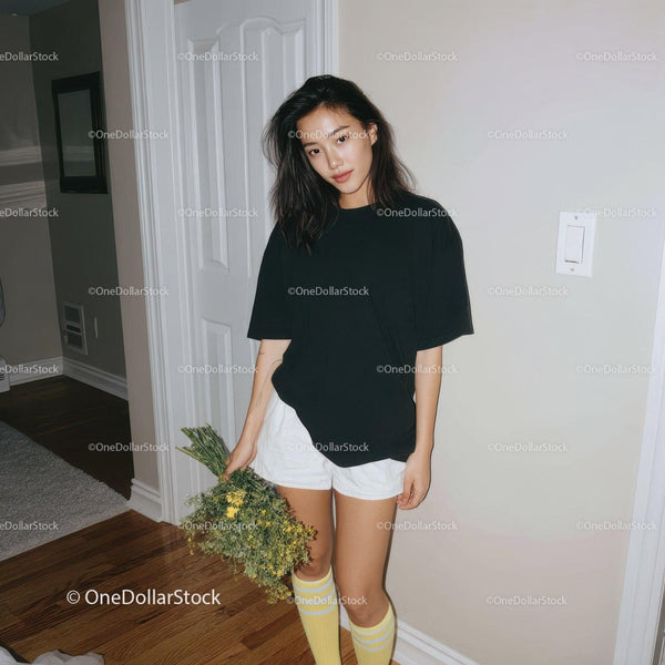 Stylish Young Woman Standing Indoors in Casual Outfit with Bright Socks
