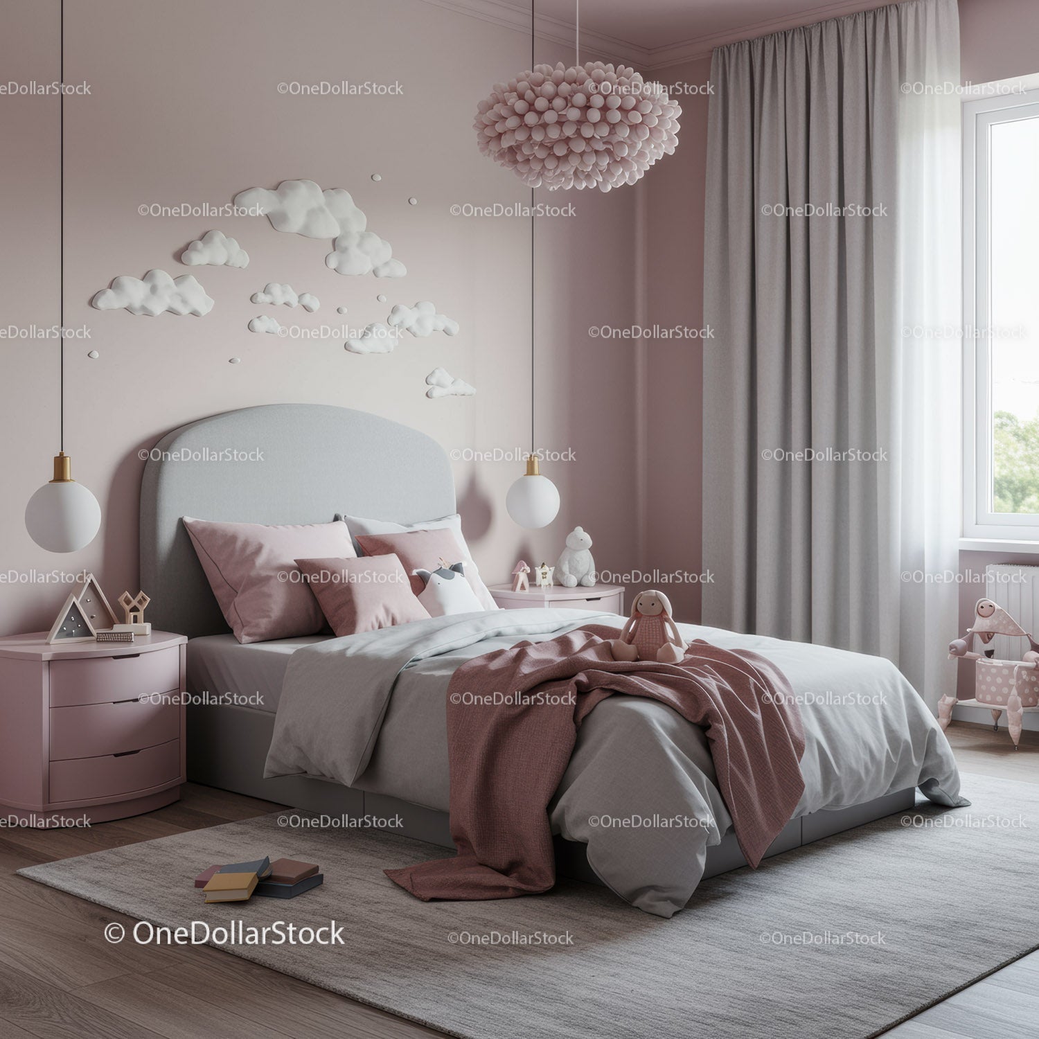 Cozy Children's Bedroom with Cloud Decor and Soft Pastel Colors