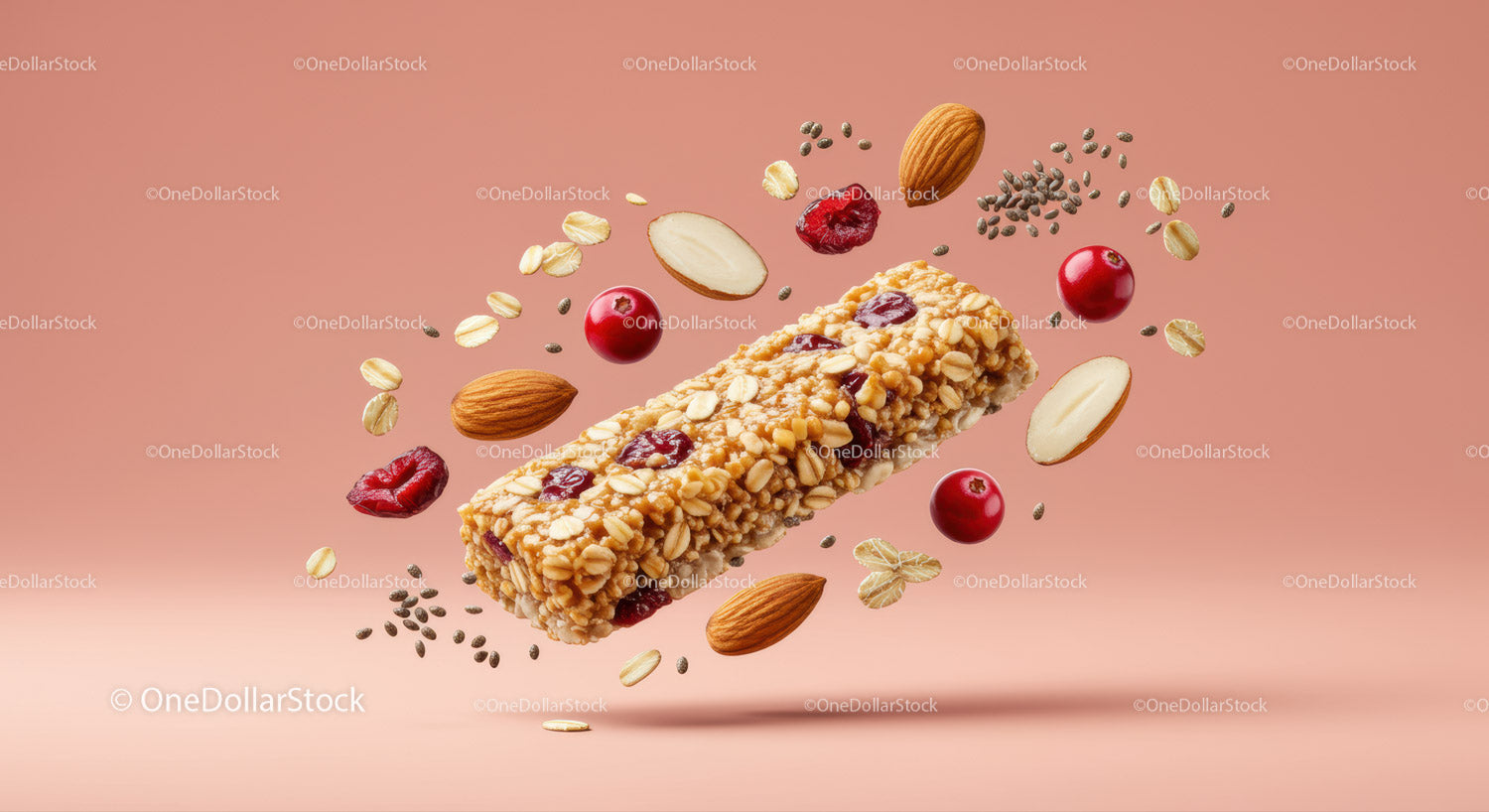 Healthy granola bar with nuts and berries floating