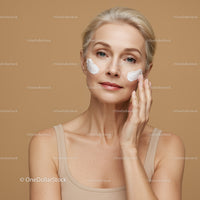Mature Woman Applying Skin Cream with a Relaxed Expression in a Beauty Routine
