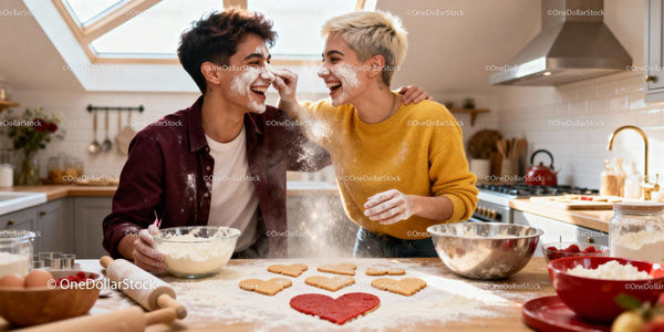 Couple sharing joyful moment baking heart shaped cookies