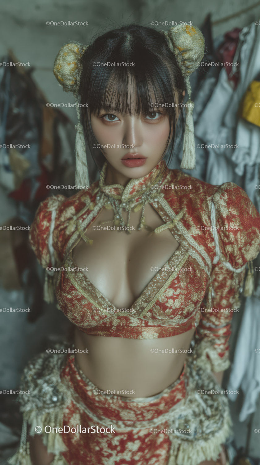 Elegant Woman in Red and Gold Brocade Dress with Unique Hairstyle