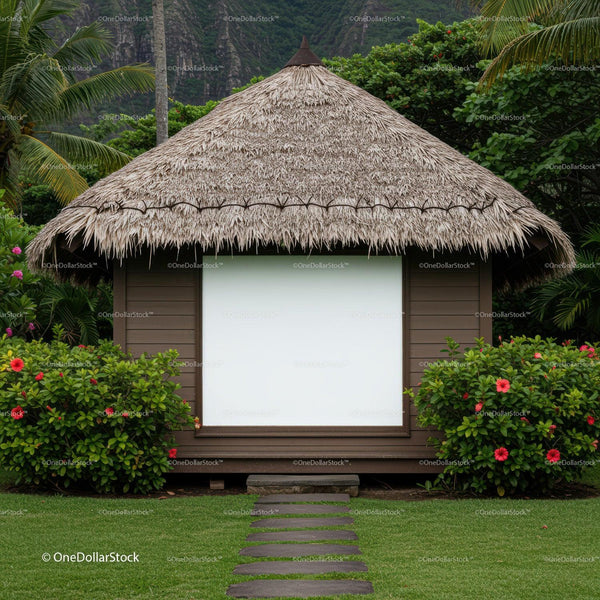 Tropical thatched hut surrounded by green hibiscus bushes JPG Mockup Image