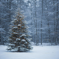 Snow-Covered Pine Tree with Warm Holiday Lights