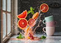 Fresh citrus slices splashing with mint and water droplets