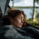 Peaceful Woman Sleeping Outdoors by a Lake Amid Green Nature
