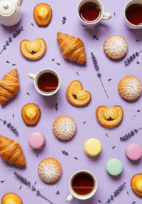 Assorted French Pastries and Tea Cups on Lavender Background