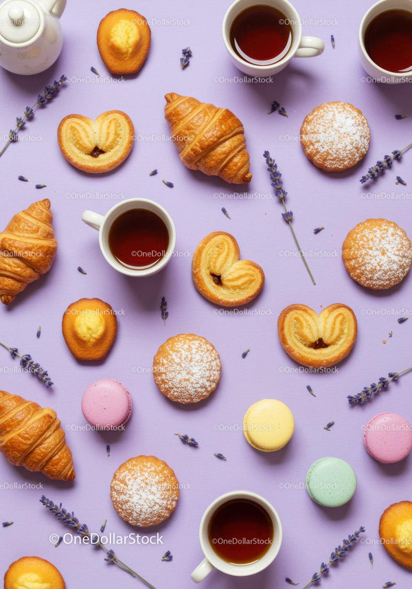 Assorted French Pastries and Tea Cups on Lavender Background