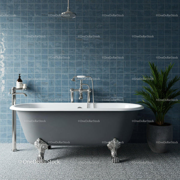 Classic freestanding bathtub in stylish blue bathroom