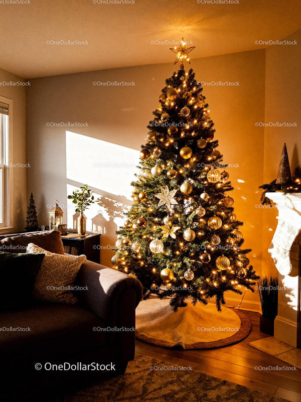 Cozy living room with decorated Christmas tree and warm light