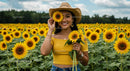 Happy Woman Smiling With Sunflowers in a Bright Field