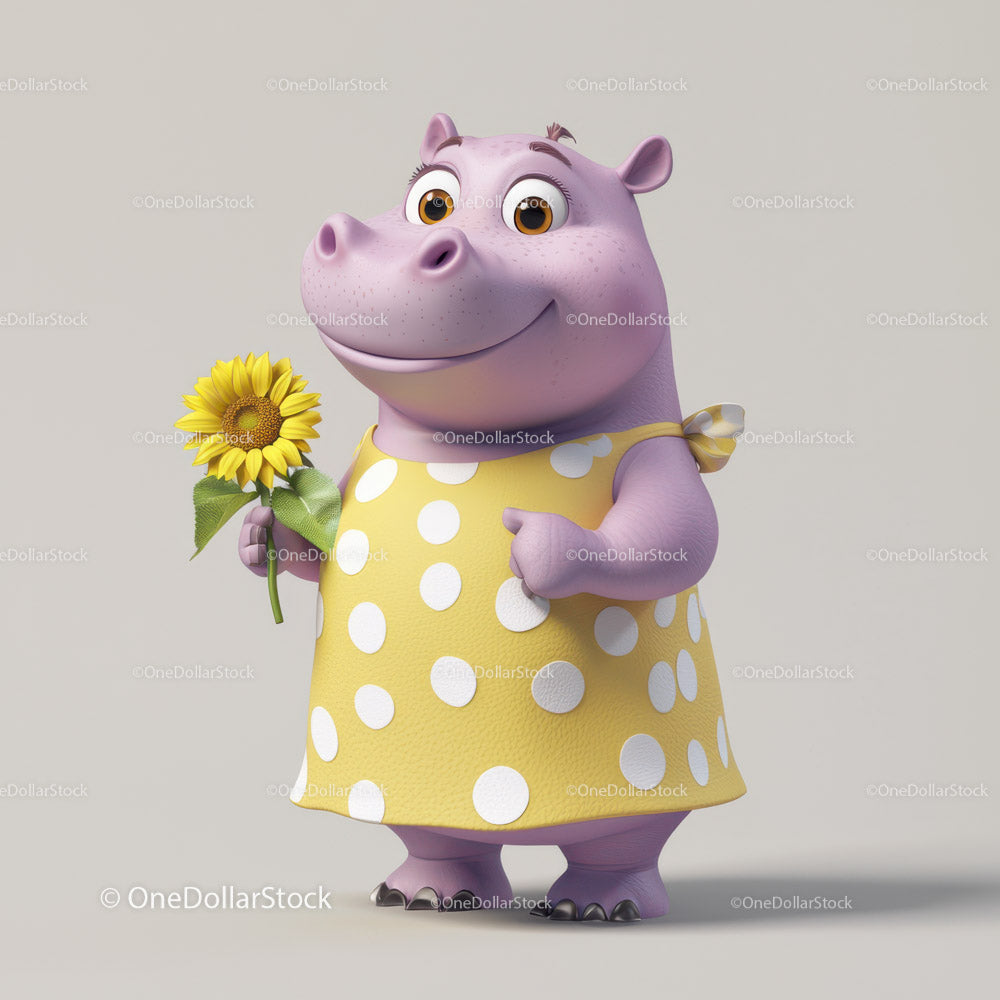Cute Cartoon Hippo Holding Sunflower in Yellow Dress for Kids Illustration