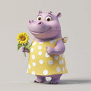 Cute Cartoon Hippo Holding Sunflower in Yellow Dress for Kids Illustration