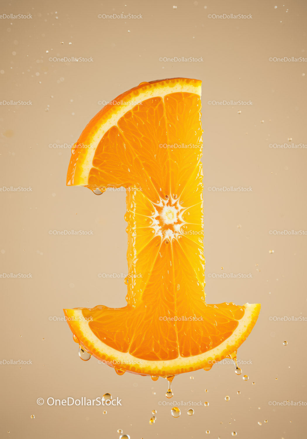 Fresh Orange Slice Shaped Like Number One with Drops