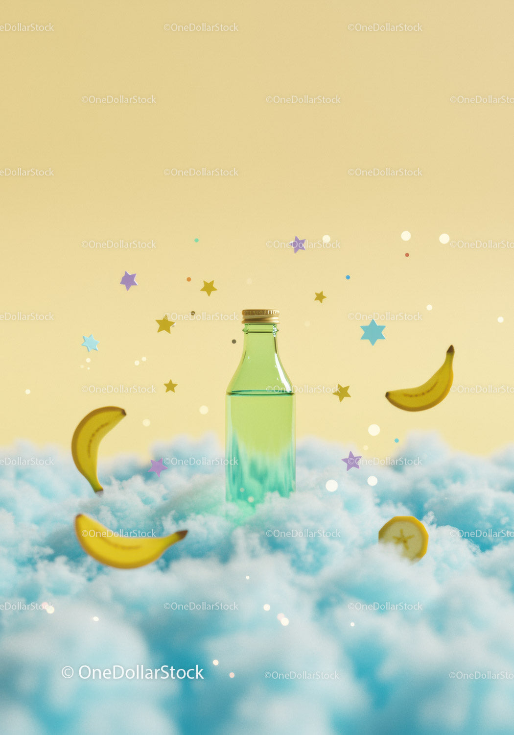 Zielona szklana butelka otoczona bananami na puszystych chmurach
