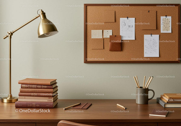 Organized wooden desk with vintage books and cork board