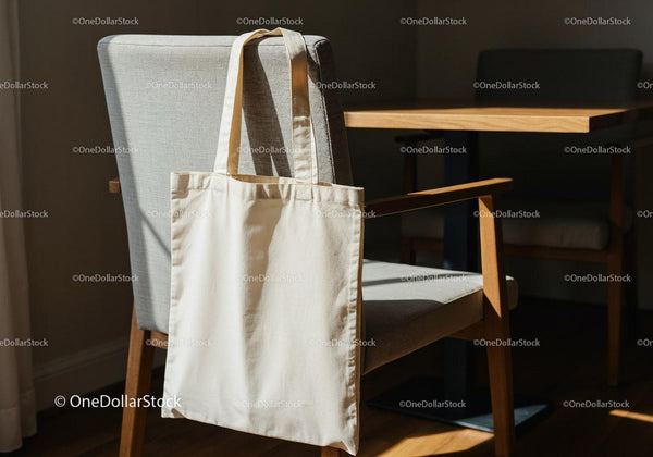 Beige tote bag hanging on modern wooden chair JPG Mockup Image