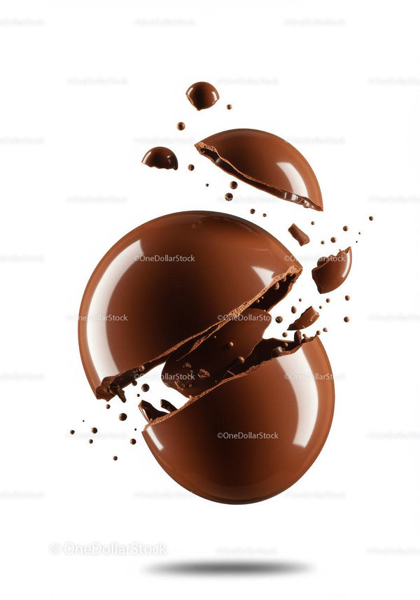 Broken dark chocolate spheres suspended in air