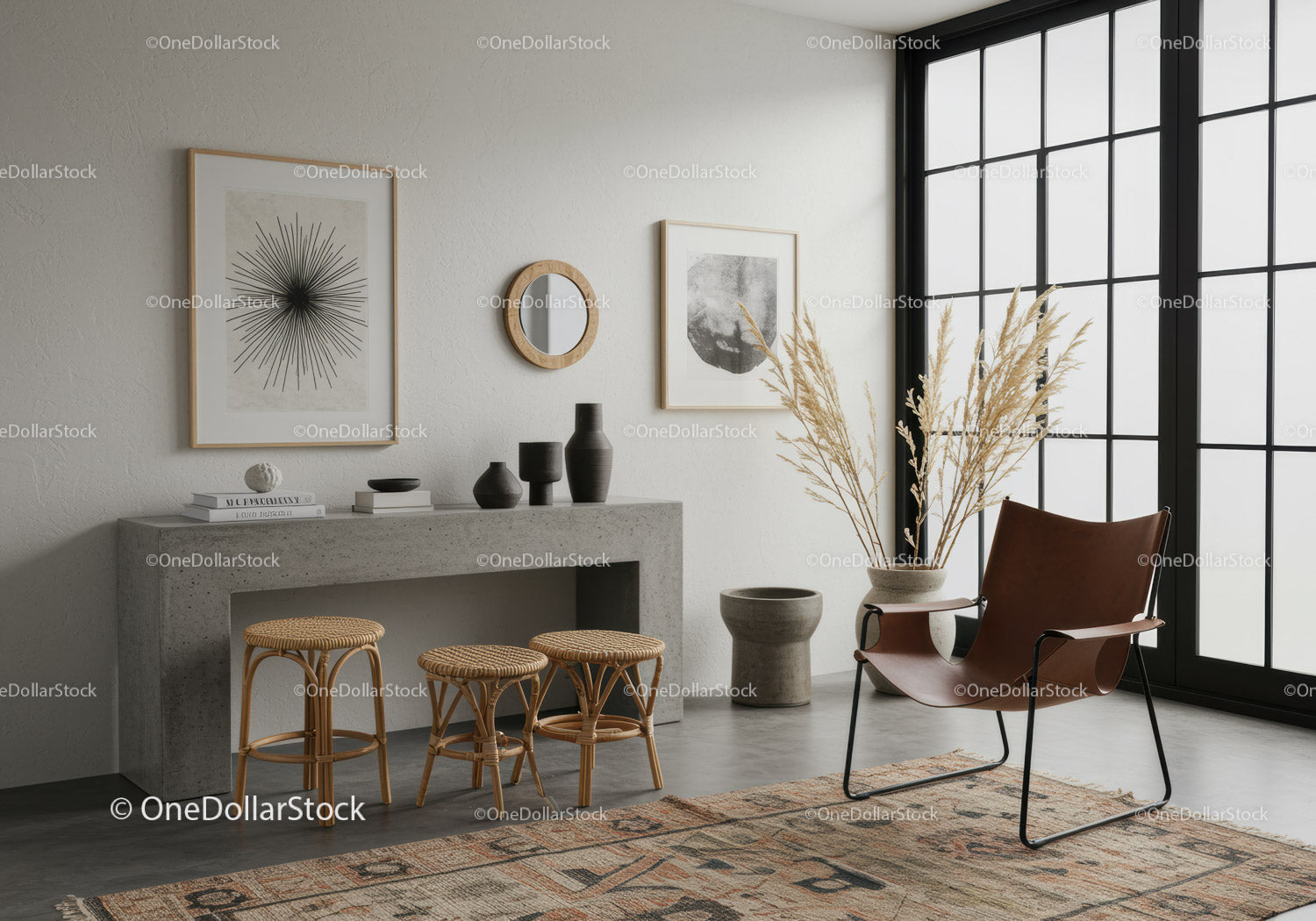 Minimalist lounge with leather chair and natural decor