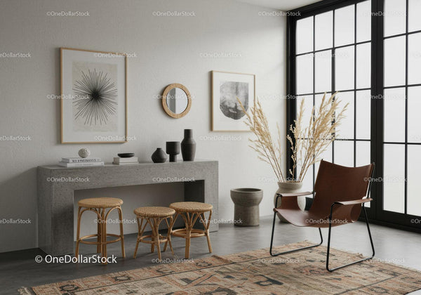 Minimalist lounge with leather chair and natural decor