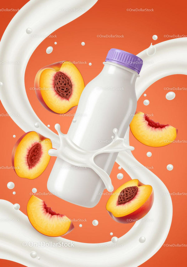 Peach flavored drink bottle with milk splash JPG Mockup Image