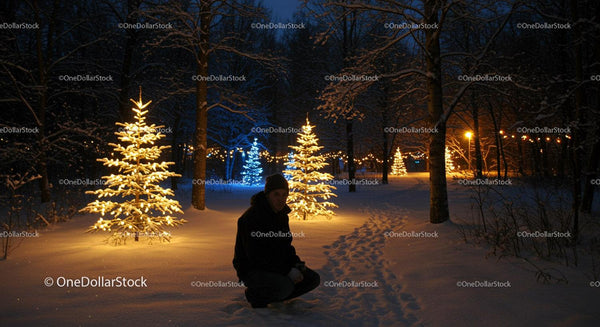 Man in winter forest surrounded by glowing Christmas trees
