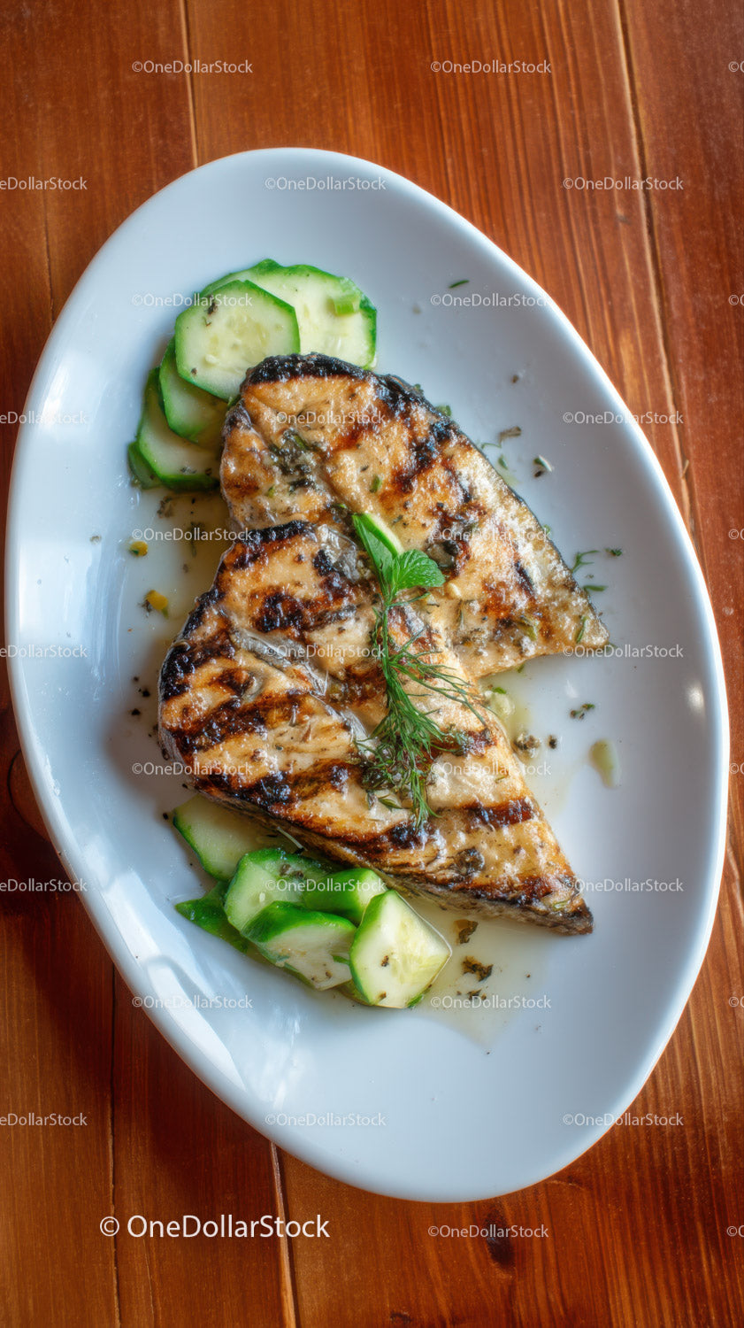 Grilled Fish with Fresh Cucumber Slices and Herbs on White Plate