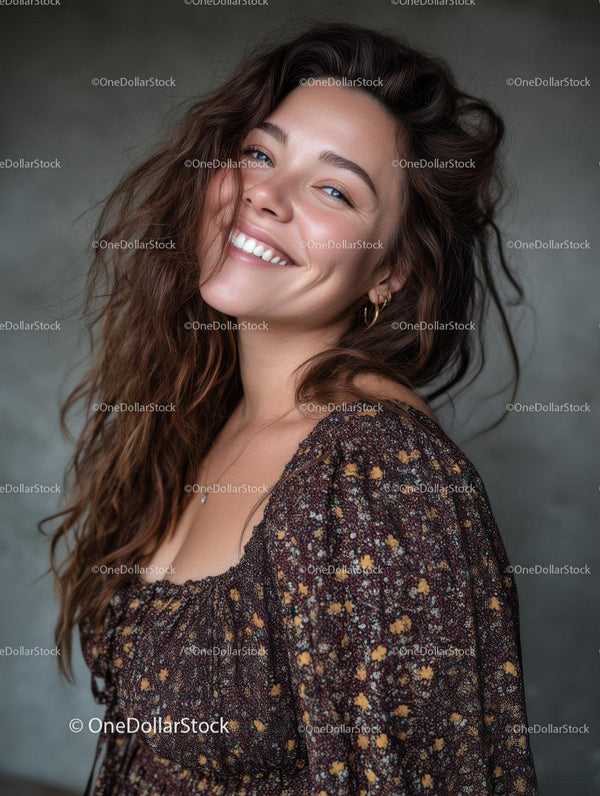 Portrait of a Smiling Woman with Blue Eyes and Curly Brown Hair