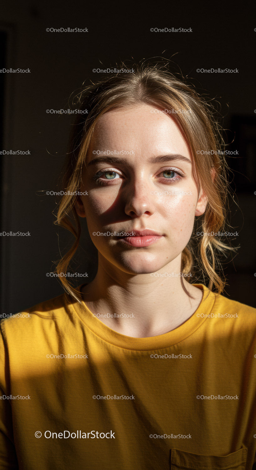 Portret młodej kobiety o niebieskich oczach i blond włosach w świetle naturalnym