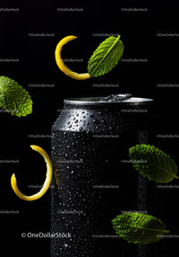 Refreshing cold drink can with mint and lemon peel