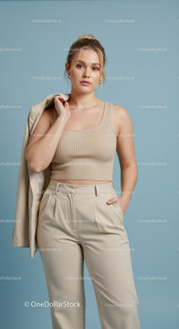 Stylish Woman in Beige Crop Top and Cream Pants in Modern Studio