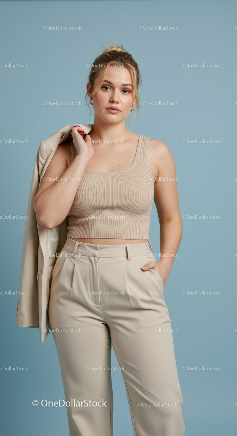 Stylish Woman in Beige Crop Top and Cream Pants in Modern Studio