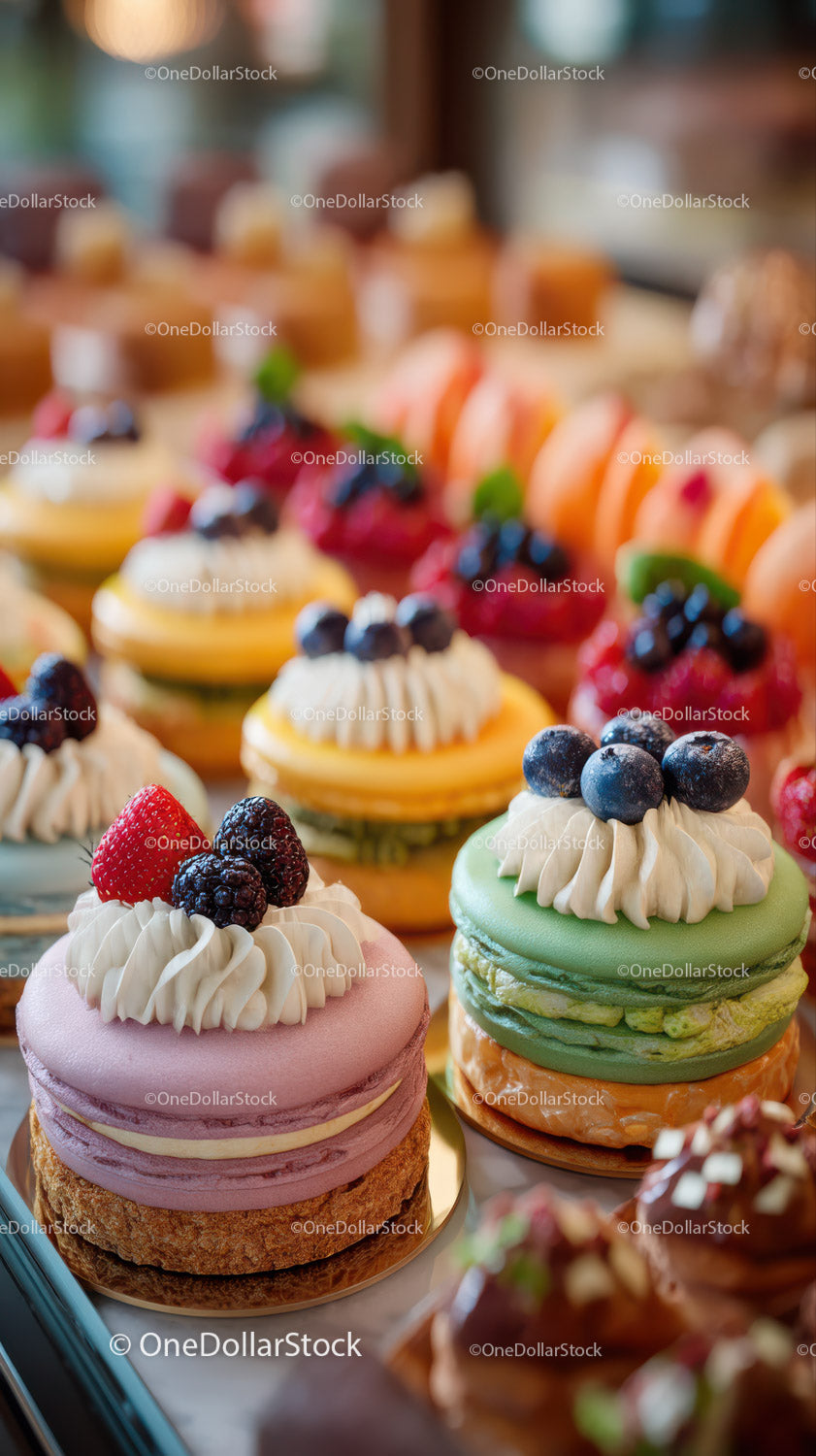 Colorful Assorted Macarons and Fruit-Topped Pastries on Display