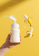 Baby bottle with milk splash and fresh peeled bananas