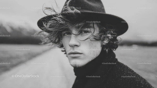 Black and White Portrait of Young Man with Curly Hair and Wide-Brim Hat