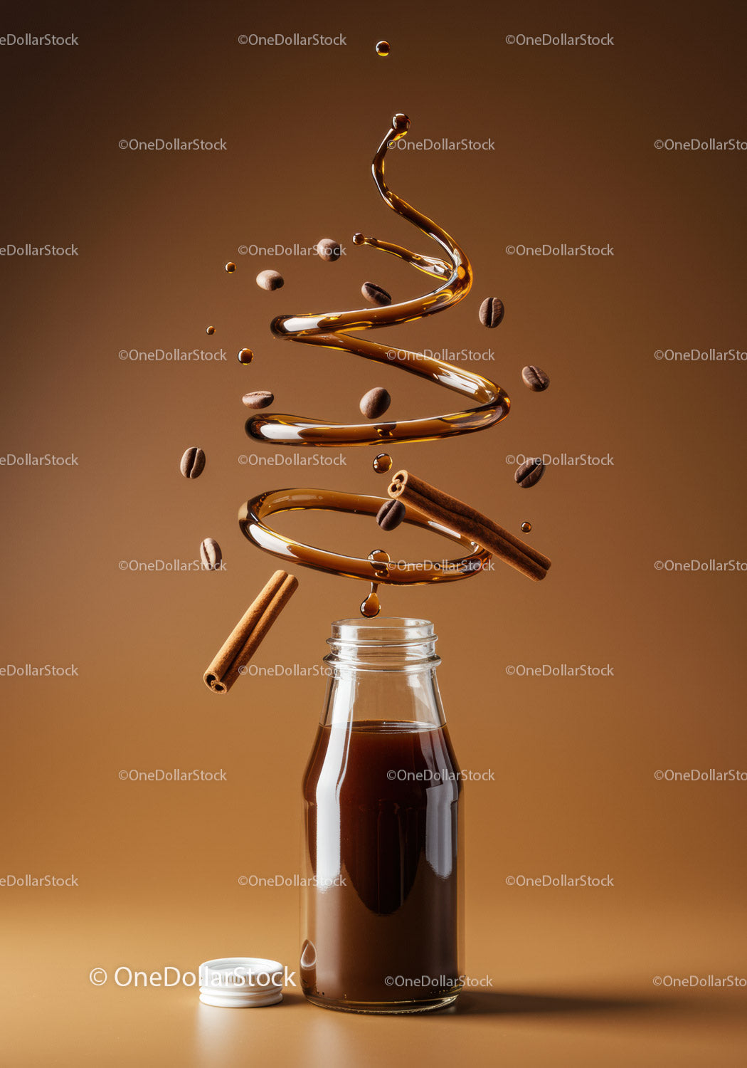 Glass bottle with coffee syrup swirl and spices