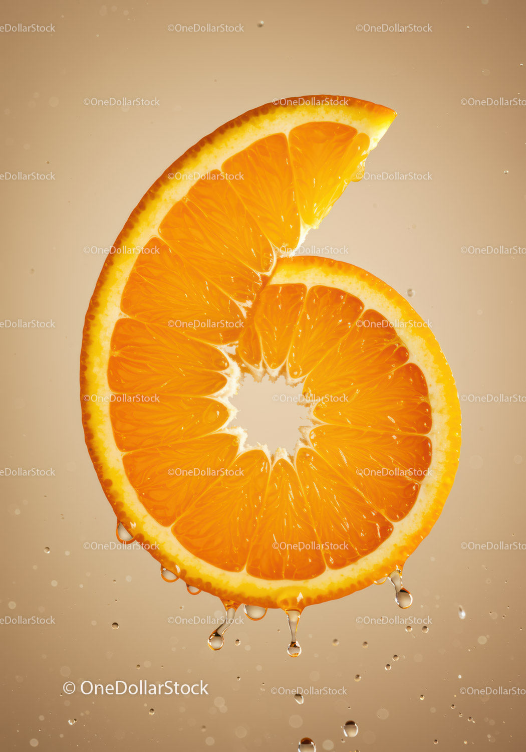 Fresh orange slice dripping with water droplets