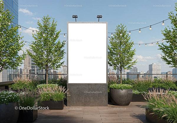 Urban rooftop garden with blank vertical billboard JPG Mockup Image