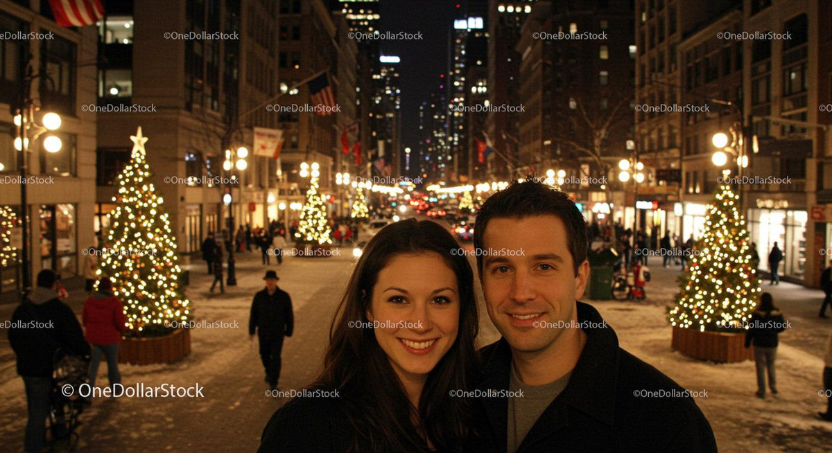 Smiling couple enjoying festive city street at night