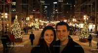 Smiling couple enjoying festive city street at night