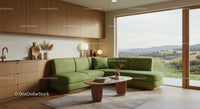 Cozy modern living room with green sofa and scenic view