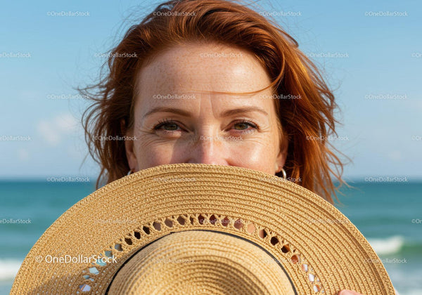 Smiling Woman with Sunhat at Beach During Sunny Day
