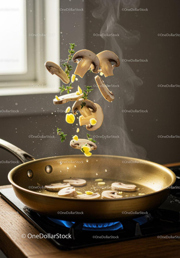 Sautéing fresh mushrooms with herbs on stovetop