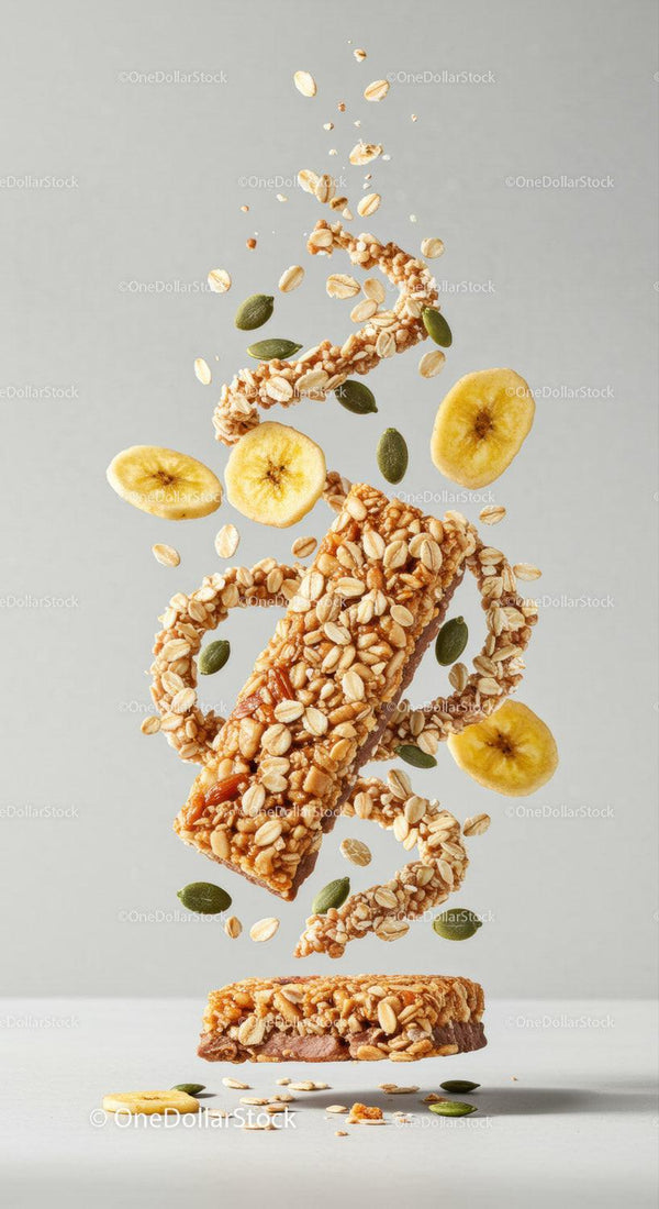 Zdrowe batoniki musli z chipsami bananowymi i nasionami unoszącymi się w powietrzu