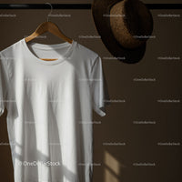 Minimal white t shirt on wooden hanger with straw hat