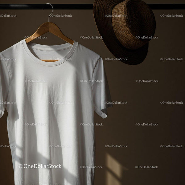 Minimal white t shirt on wooden hanger with straw hat JPG Mockup Image