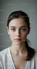 Close-Up Portrait of a Young Woman with Blue Eyes and Brunette Hair